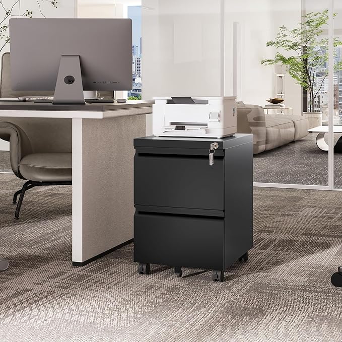 2 Drawers Vertical File Cabinet - Fully Assembled Black Under Desk Mobile Filling Cabinet Small Lockable Home Office File Cabinets for A4/Letter/Legal Size