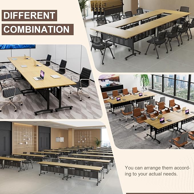 Folding Conference Room Table, Modern Conference Tables with Wheels, Large Rectangular Mobile Training Tables for Office Classroom, Foldable Modular Boardroom Seminar Table Maple (4pack L55.1in)