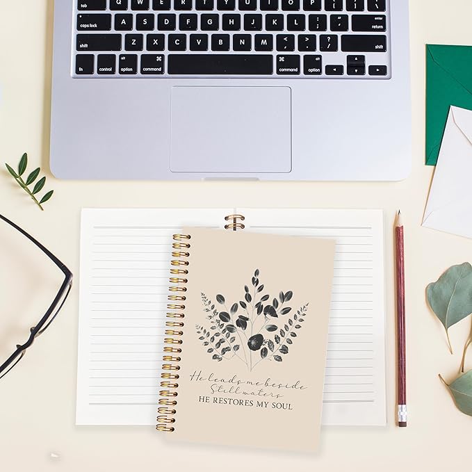 BearCake Christian Notebook Journal, Christian Gifts for Women, PSALM 23:3 He Restores My Soul Prayer Journal for Women, Bible Journaling Neutral Hardcover Spiral Notebook 5.5x8.3