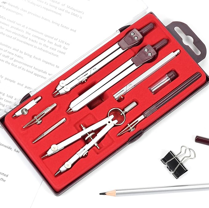 Drawing 9Pc Geometry Set Metal Compass, Geometry Precision Tool for Student, Circle Drawing Tool and Architecture, Drafting Kits for Engineer with Shatterproof Storage Box (Red)