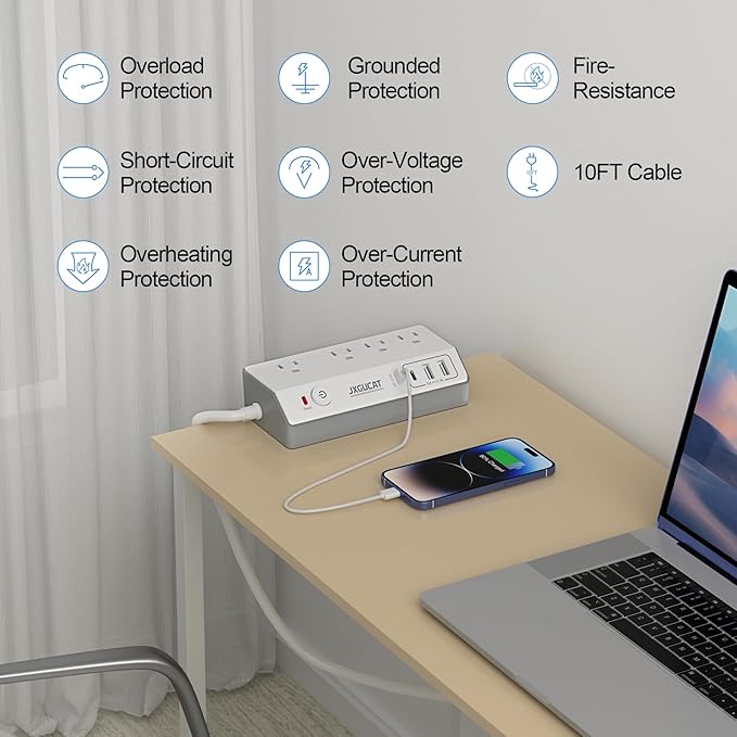 Desk Clamp Power Strip with USB C, JXGUCAT PD 20W Fast Charging Power Station, Removable Desk Clamp Mount Power Strip Surge Protector, 10 ft Cord with 4 Outlet 4 USB Ports, Fit 1.8" Tabletop Edge