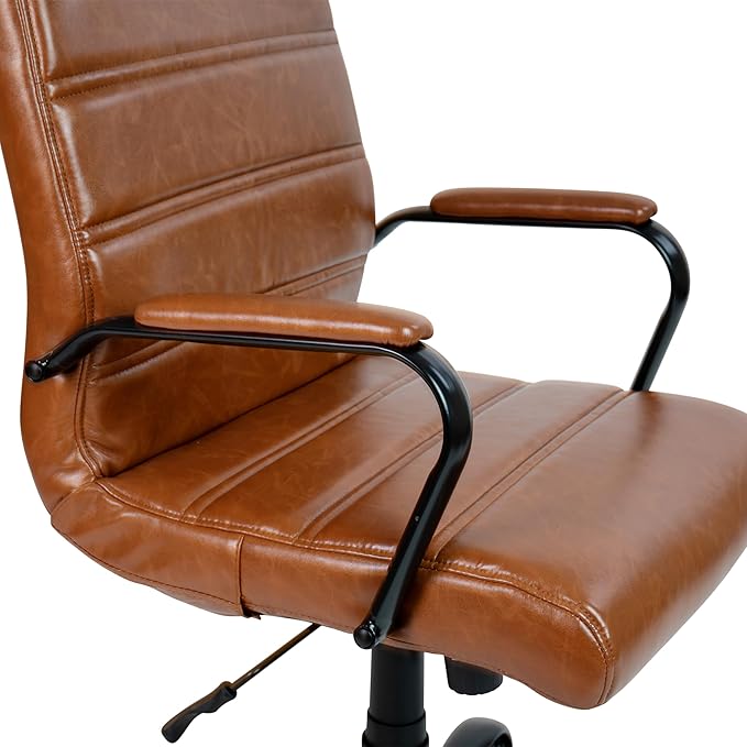 Flash Furniture Whitney Mid-Back Swivel Leather Desk Chair with Padded Seat and Armrests, Adjustable Height Padded Leather Office Chair, Brown/Black