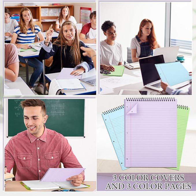 10 Packs 8.5" x 11" Top Spiral Notebook with 3 Hole Punched Legal Pads College Ruled Notepad 50 Sheets Hard Cardboard Paper Wirebound Notepad for Office School Business (Green,Blue,Purple)