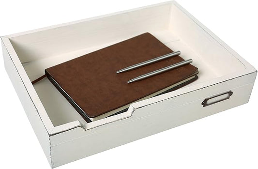 MyGift Rustic Wood Desktop Drawer-Style Stackable Document Letter Tray Organizer Storage Box with Handles for Home Office Supplies (Vintage White)