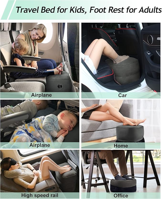 JefDiee Inflatable Travel Foot Rest Pillow, Kids Airplane Bed, Adjustable 3 Layers Height Leg Rest Pillow, Adults Travel Essentials Great for Airplane, Office, Home, Trains, Cars (2 Pack-Dark Grey)