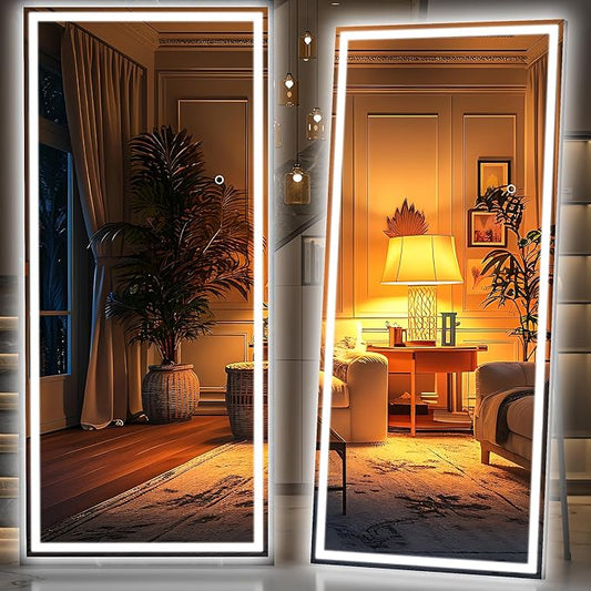 Hasipu Full Length LED Mirror with Lights, 83" x 36" Floor Standing or Hanging Mounted, Full Body Dressing Mirror, Dimmable Light, Tempered Glass, Square Black
