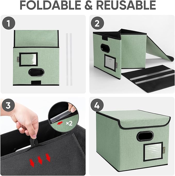 BALEINE File Organizer Box with Lid, Collapsible File Folder Organizer with Plastic Slide, Hanging File Folder Box for Office Document Storage (1 Pack, Green)