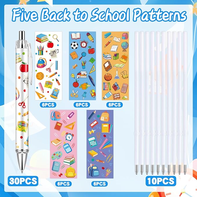 30 PCS Back to School Pens Welcome Back to School Ballpoint Pens First Day of School Party Favors with 1mm Black Ink Replaceable Ballpoint Pen Refill for Classroom Rewards