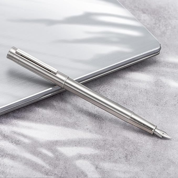 Hongdian 1861 Stainless Steel Fountain Pen Extra Fine Nib, Classic Design Smooth Writing Pen with Converter and Metal Pen Case Set
