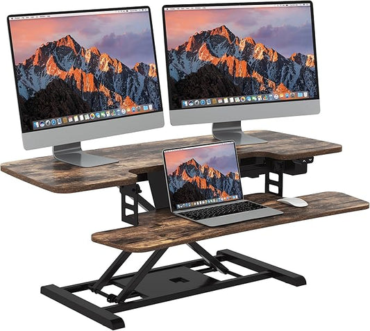 SANODESK Standing Desk Converter with Electric Motor 40" Height Adjustable Riser for Office Home,Dual Monitor and Laptop Workstation with Large Keyboard Tray,Rustic Color