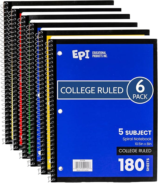 EPI Spiral Notebook | 5 Subject - College Ruled - 180 Sheets, Durable Spiral Binding | 10.5 x 8 in | Classroom Supplies | School, Office, Note Taking, Journaling - 6 Pack