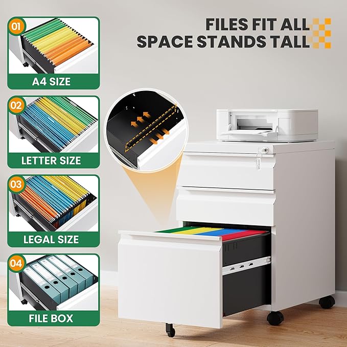 3 Drawer Mobile File Cabinet with Lock,Under Desk Filing Cabinet for Home Office, Metal Filing Cabinets on Wheels for Legal/Letter/A4 File, Fully Assembled Except Wheels, White