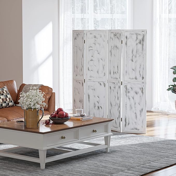 NicBex Room Divider 4 Panel Room Dividers with Whitewashed Surface Partition Room Dividers and Folding Privacy Screens 5.5 FT Wall Divider for Office, Room Separation,63.25"W x 0.75"D x 67"H, White
