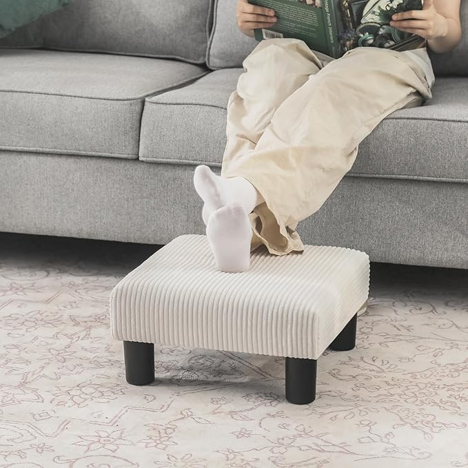 Joveco Small Foot Stool Ottoman, Corduroy Square Footstool Upholstered Footrest Foot Rest for Chair, Under Desk, Office, Living Room, Thick Stripes White