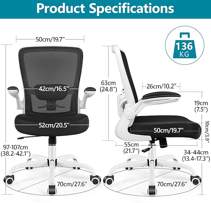 FelixKing Office Chair, Ergonomic Desk Chair Breathable Mesh Chairs with Adjustable High Back Lumbar Support Flip-up Armrests, Executive Swivel Comfy Task Computer Chairs for Home Office White