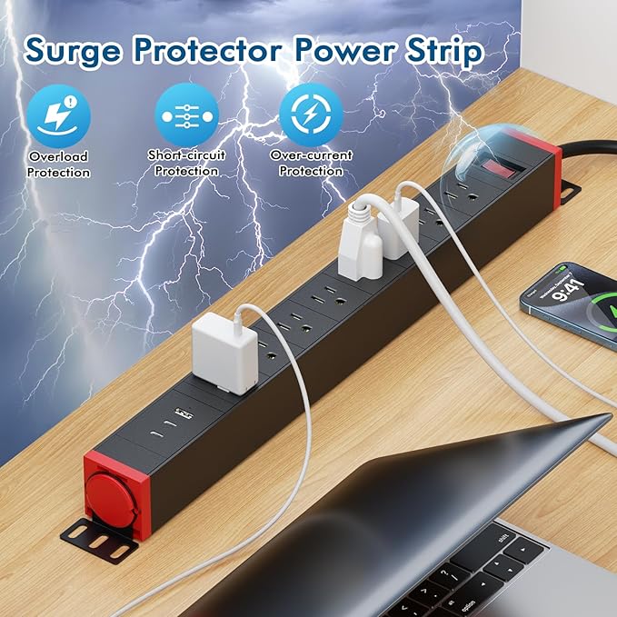 360° Rotating Mountable Power Strip with USB Ports, 8 Outlet Surge Protector Power Strips Wall Mount, Metal Heavy Duty Versatile Outlet with 6FT Power Cord,For Home Office Industrial Garage Commercial