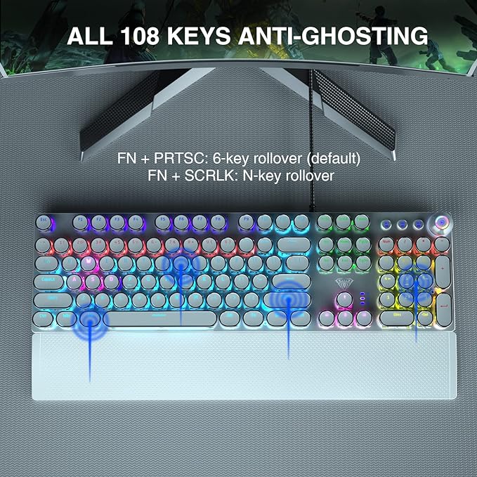 AULA F2088 Typewriter Style Mechanical Gaming Keyboard,Rainbow LED Backlit,Removable Wrist Rest,Media Control Knob,Retro Punk Round Keycaps,USB Wired Computer Keyboard,White