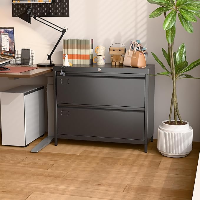 Metal 2 Drawer Lateral File Cabinet with Lock & Adjustable Feet - Wide Filing Cabinet for Letter/Legal/F4/A4 Hanging Files - Includes Business Card Holder,Home Office School Storage,Black