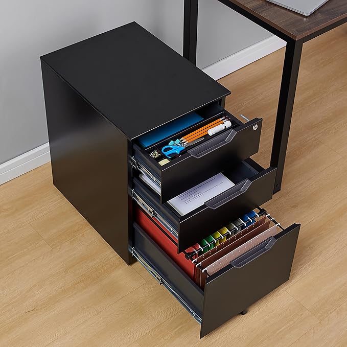 Amazon Basics 3 Drawer Mobile File Cabinet With Lock, Black, 20.71" D x 15.51" W x 24.29" H