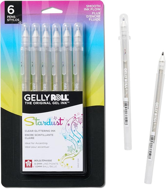 SAKURA Gelly Roll Stardust Clear Glitter Gel Pens - Bold Point Ink Pen for Lettering, Drawing, Invitations, & Stationery - Clear Ink - Bold Line - 6 Pack