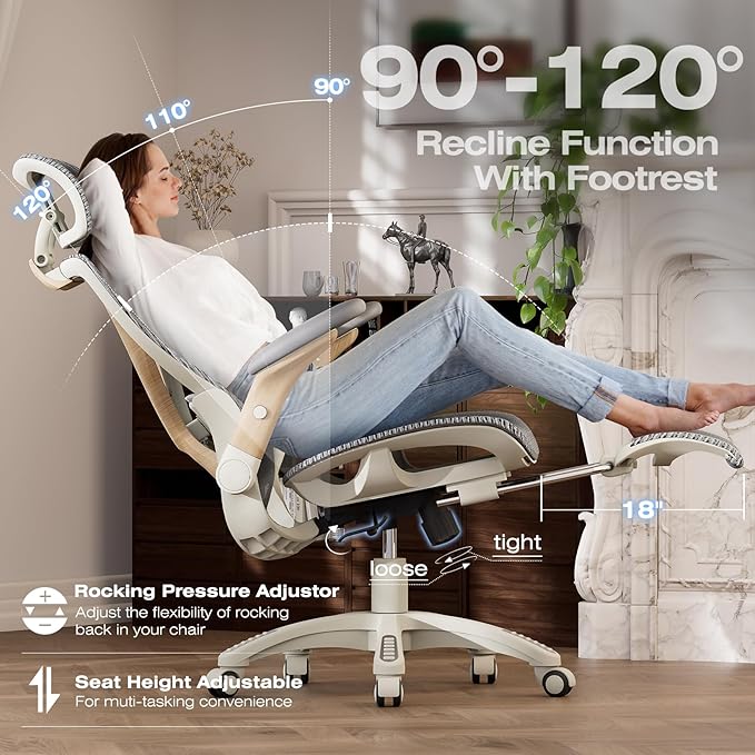 ELABEST X100 Ergonomic Office Chair with Footrest, Big and Tall Home Desk Chair with 5D Flip-Up Arms, Adjustable 7D Lumbar Support,High Back Rolling Computer Chair, Swivel Mesh Chairs (Foggy Morning)