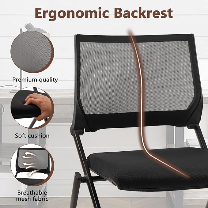 CLATINA Stackable & Foldable Conference Room Chairs, Waiting Room Chairs with Wheels & Lumbar Support, Ergonomic Mesh Bouncing Back Folding Chair for Office Meeting Schools Training Room, Black(4pk)