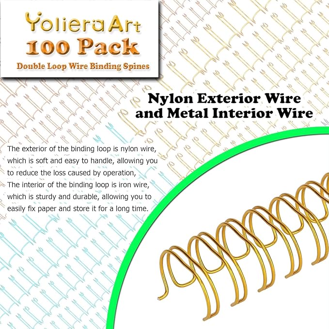 100 Pack Double Loop Wire Binding Spines, YolieraArt Wire Binding Spines, 7/16 Inch Binding Wire for Letter Size (7/16 Inch (80 Sheet Capacity), 100P, 3:1 Pitch, Gold)