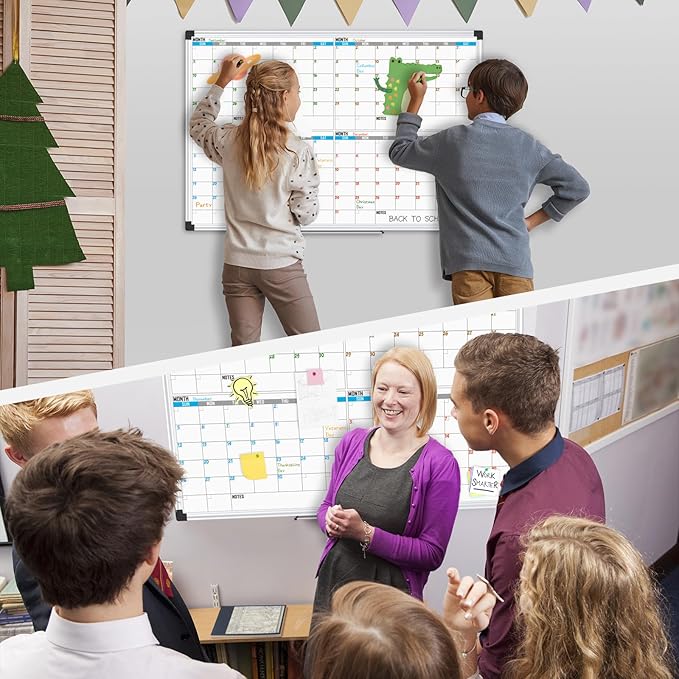 XBoard Magnetic Calendar Whiteboard 48" x 36" - 4 Month Colorful Calendar Dry Erase Board for Monthly Planning, Silver Aluminium Framed