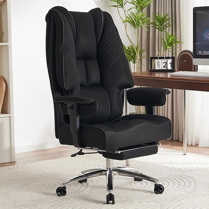 Big and Tall Office Chair 400lbs Wide Seat, Leather High Back Executive Office Chair with Foot Rest, Ergonomic Chairs Lumbar Support for Lower Back Pain Relief (Mesh Black)