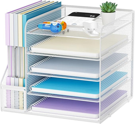 Marbrasse Desk Organizers and Accessories, 5-Tier Paper Letter Tray Organizer with File Holder, Mesh File Organizer, Office Desk Accessories & Organization for Supplies (White)