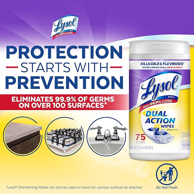 Lysol Dual Action Disinfectant Wipes, Multi-Surface Antibacterial Scrubbing Wipes, For Disinfecting and Cleaning, Citrus Scent, 75ct (Pack of 4), Packaging May Vary