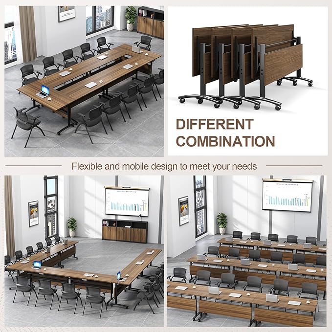 Folding Conference Room Table, Modern Conference Tables with Wheels, Large Rectangular Mobile Training Tables for Office Classroom, Foldable Modular Boardroom Seminar Table Walnut (6pack L70.9in)