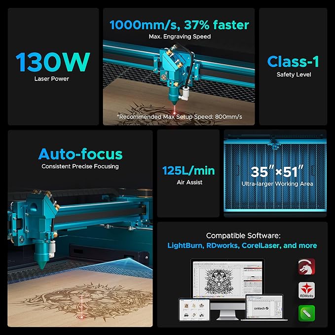 OMTech Pronto 130W CO2 Laser Engraver with Water Chiller | 51" × 35" Laser Cutting Machine with Autofocus | 2-Way Pass, Air Assist, Red Dot Pointer | Ideal for Wood, Glass, Acrylic, and More