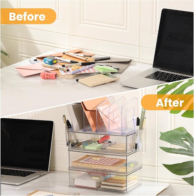 Acrylic Desk Organizer Set, 3 Pack Stackable Desktop Drawer Organizer with 4 Vertical File Holders and 2 Pen Holders, Desk Organizers and Accessories for Home Office Storage