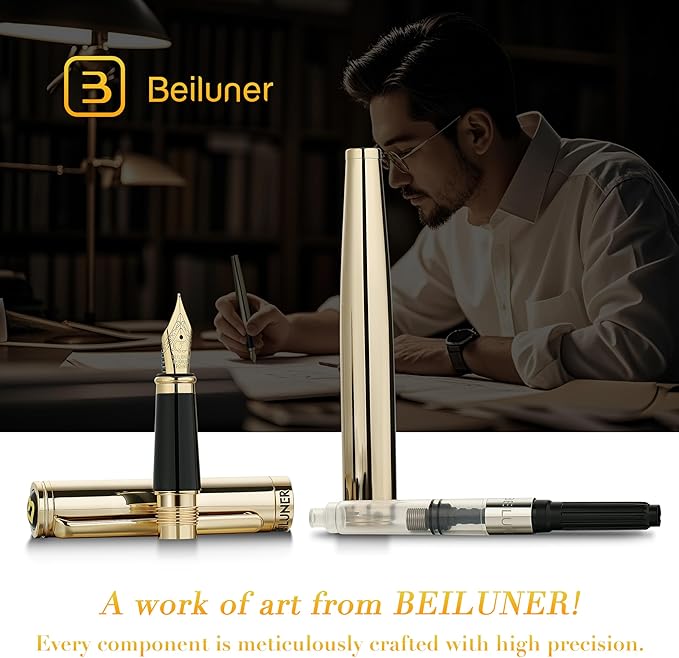 BEILUNER Gold Fountain Pen,Stunning Luxury Pens with 24K Gold Accents, Gorgeous 24K Gilded Nib(Fine), Ink Converter,Fancy Pen Gift for Men&Women-Elegant, Graduation, Office, Reliable,Nice for Writing
