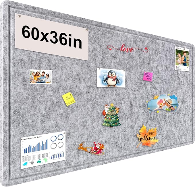Large Bulletin Board, Foldable 60x36 Inches Cork Board Alternative, Large Felt Board Decorative Pin Board for Wall, Foldable Photo Board Self-Adhesive Vision Board with 36 Pushpins Light Gray