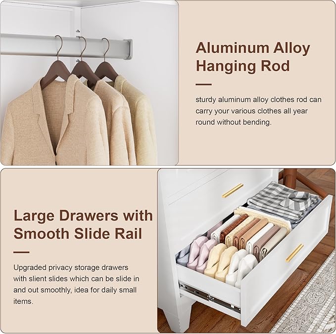 71" Tall Metal Wardrobe Cabinet with 2 Drawers and Hanging Rod, 2 Doors Armoire Wardrobe Closet with Shelf for Bedroom, Office, Laundry Room, White