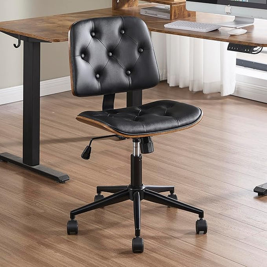 Small Home Office Chair - Armless Mid Back Desk Chair with 360° Swivel and Wheels, PU Upholstered Height Adjustable Modern Walnut Computer Chair for Home, Office Meeting Room - Black
