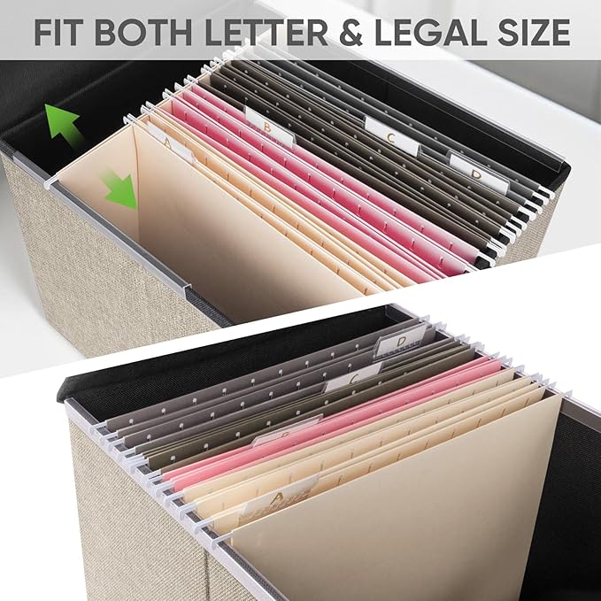 BALEINE File Organizer Box with Lid, Collapsible File Folder Organizer with Plastic Slide, Hanging File Folder Box for Office Document Storage (2 Pack, Beige)