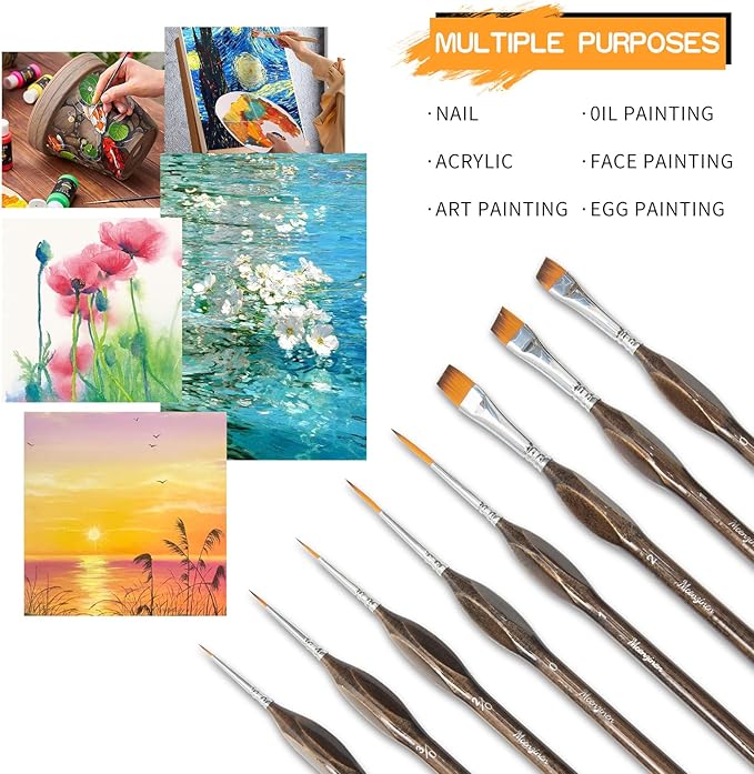 8 Pieces Exquisite Detail Paint Brush Set with Copper Tube and Special Double - Wire - Binding Process，Birch Wood Pen,Triangular Grip. Suitable Oil, Watercolour, Acrylic, Digital Painting