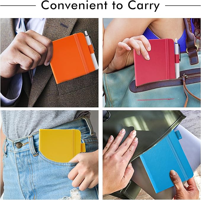 feela Pocket Mini Notebooks Bulk, Small Cute Memo Notepads Hardcover College Ruled Lined Journals with Pen Holder for School Business Work, with 6 Black Pens, 3.5”x 5.5”, 6 Pack, A6, Solid Colors