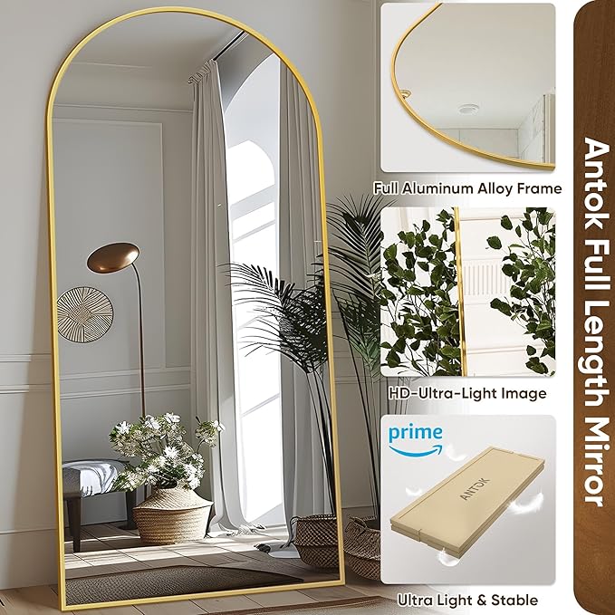Antok Full Length Mirror, 76"x34" Arched Floor Mirror, Mirror Full Length with Stand, Wall Mounted Mirrors for Living Room Bedroom, Gold