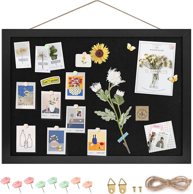Black Cork Board Bulletin Board 16.7" x 11", Small Linen Corkboards with Frame for Walls, Cute Picture Display Pin Board Vision Board for Room School Office Bedroom 8 Pushpins