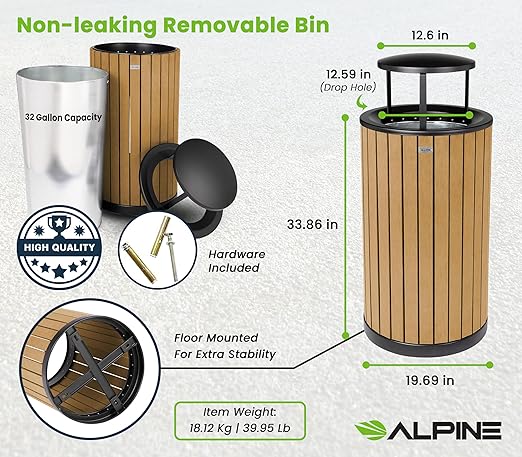 Alpine 32 Gallon Commercial Outdoor Trash Can - Heavy Duty Garbage Can Outdoor, Industrial Trash Can with Plastic Panels for Patio, Parks, Trails & Resorts (Rain Bonnet Lid - Cedar)