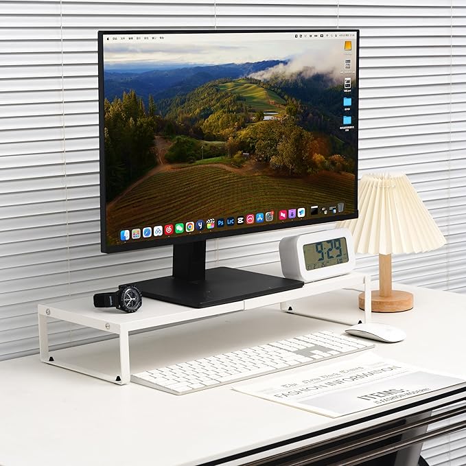 Adjustable Metal Monitor Stand - 11.6"-21.3" Ergonomic Desktop Riser for Computer/Laptop/TV, Heavy-Duty Office Shelf with Space-Saving Design (White)