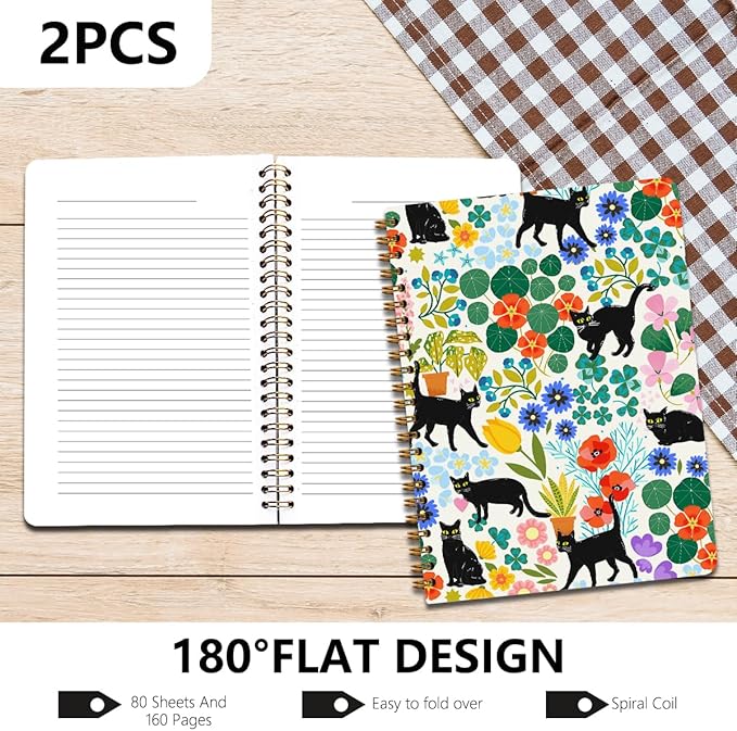 2Pcs Cute Spiral Notebook, Floral Cat College Ruled Spiral Notebook, 160 Pages Hardcover Notebooks Journals for Writing Travel Business Office, Funny Aesthetic Notebooks for Women Cat Garden