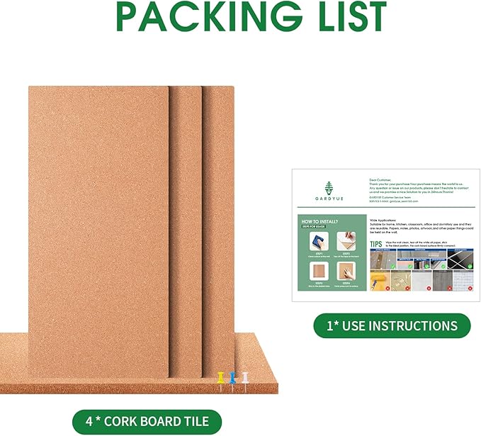 4 Pack Cork Bulletin Board 17"x8" - 1/2" Thick Cork Board Tiles,Self-Adhesive Frameless Cork Tiles Wall Decor for DIY, Office, School and Home Decor