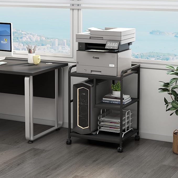 Printer Stand with Storage Shelf for Home Office Organization, 22 x 18 Inch Large Printer Table with Wheels, Shredder Stand, CPU Stand, Rolling Cart for Host Computer, PC Tower, Desktop- Black