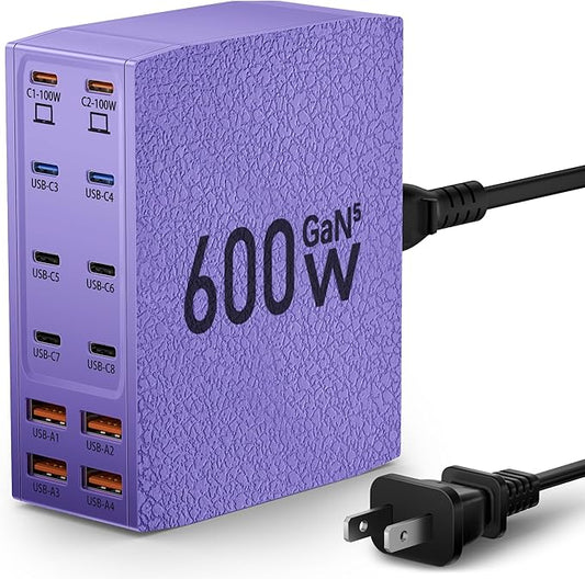 Charging Station (600W),12-Port USB C Charger Block with Dual 100W PD USB-C Fast Charging Station Hub for MacBook Pro/Air/All iPad iPhone 17/16 15/14/13/Pro Max/Samsung Galaxy Note(Purple)