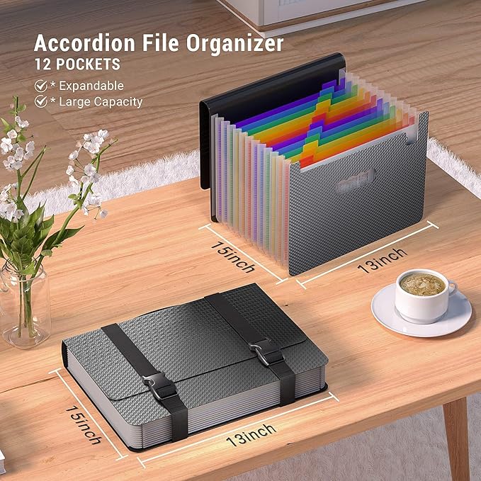 Accordion File Organizer,Expanding File Folders with Handle,13 Pockets Expandable Filing Folders,Tabs Included in Filing Box,Adjustable Strap,Bill Documents Organizer,A4/Letter Size,Diamond